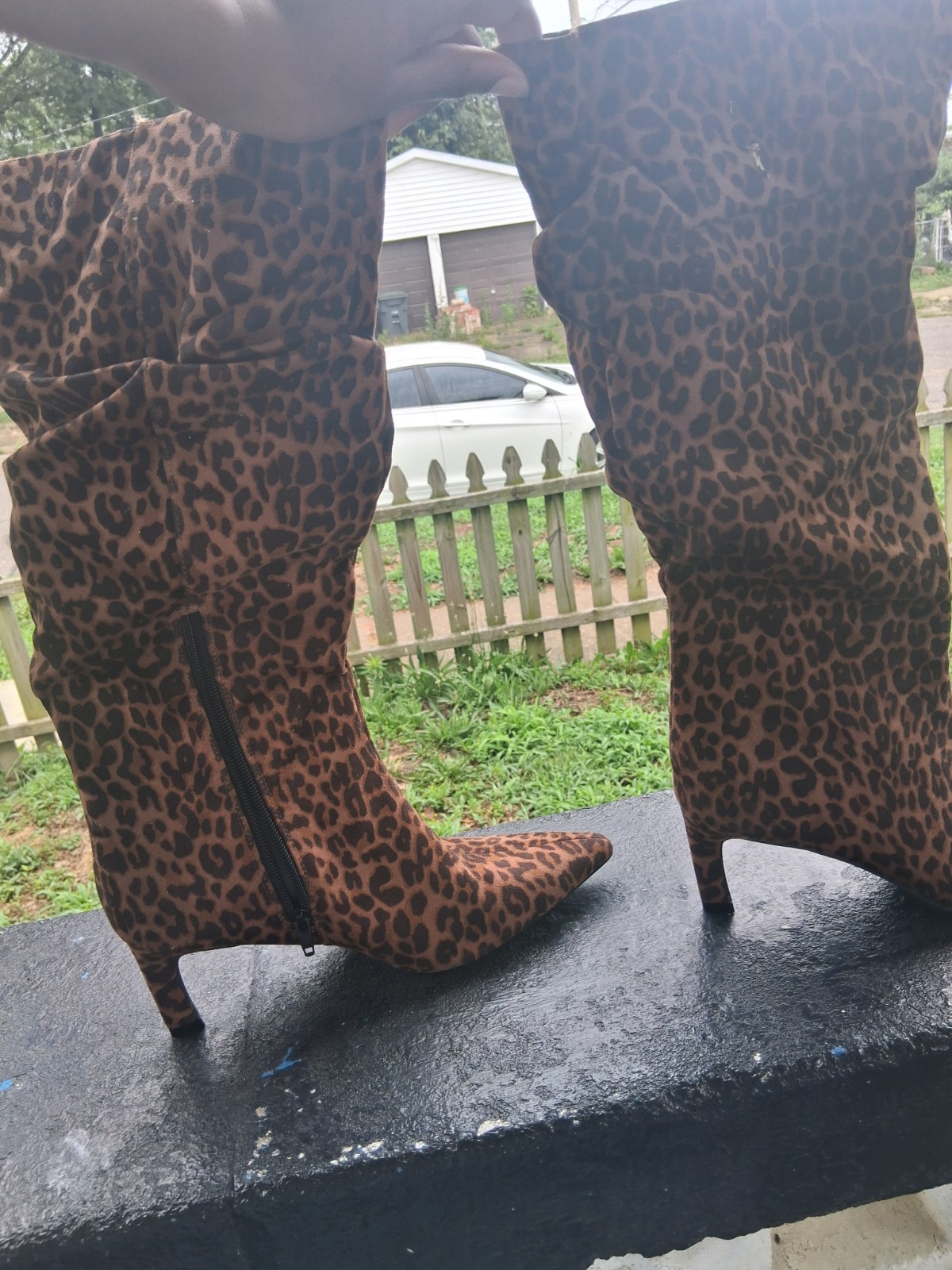 Women’s Brown/Black Animal Print Knee High Pointed Toe Zip Boots Cotton 8