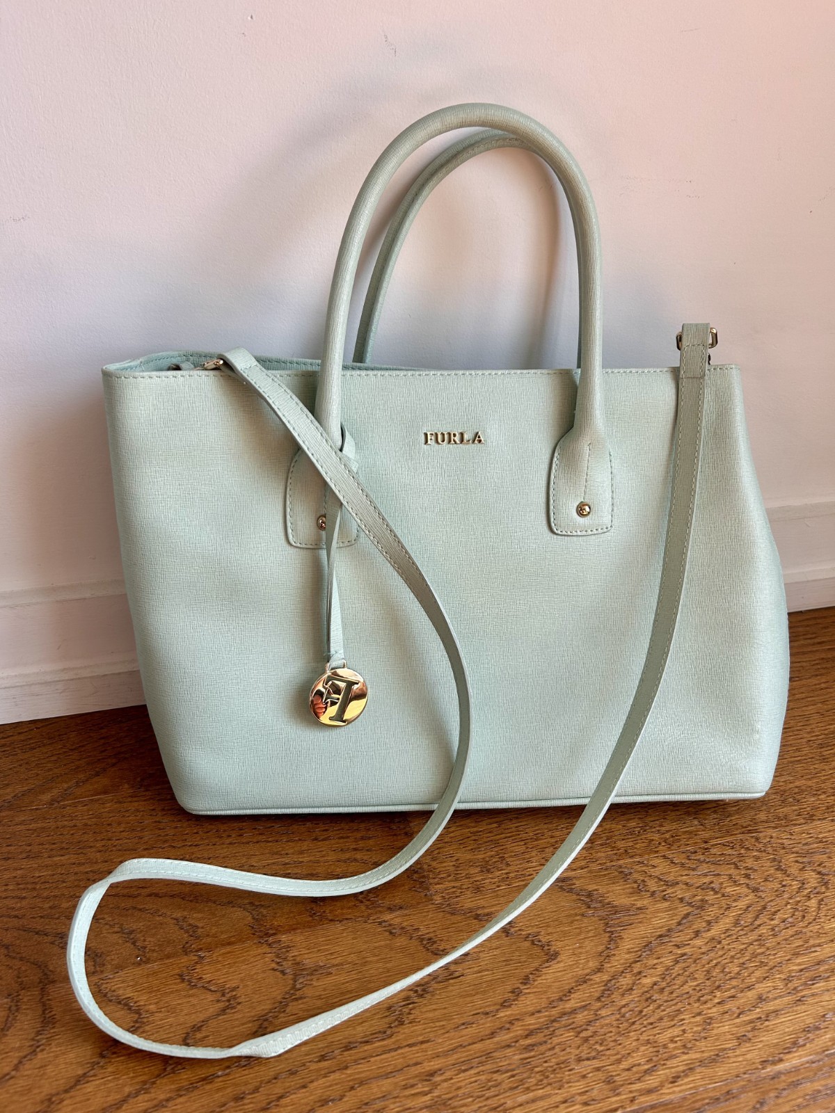 Furla Mint Green Divide It Leather Tote Bag Medium Handbag Gold Hardware Italian
