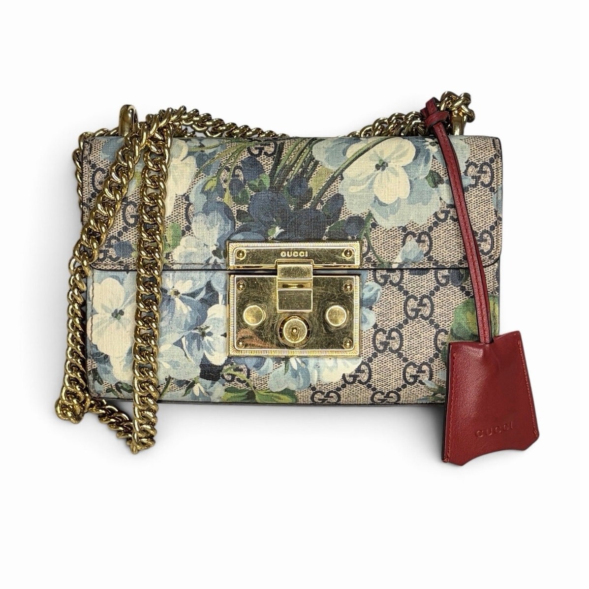 Gucci Small Padlock GG Blooms Shoulder Bag Blue Floral Red Leather Gold Chain