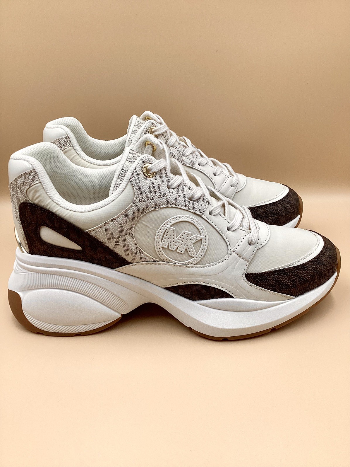 Michael Kors Zuma Ivory & Brown Chunky Sneakers Size 8.5 Excellent Condition!