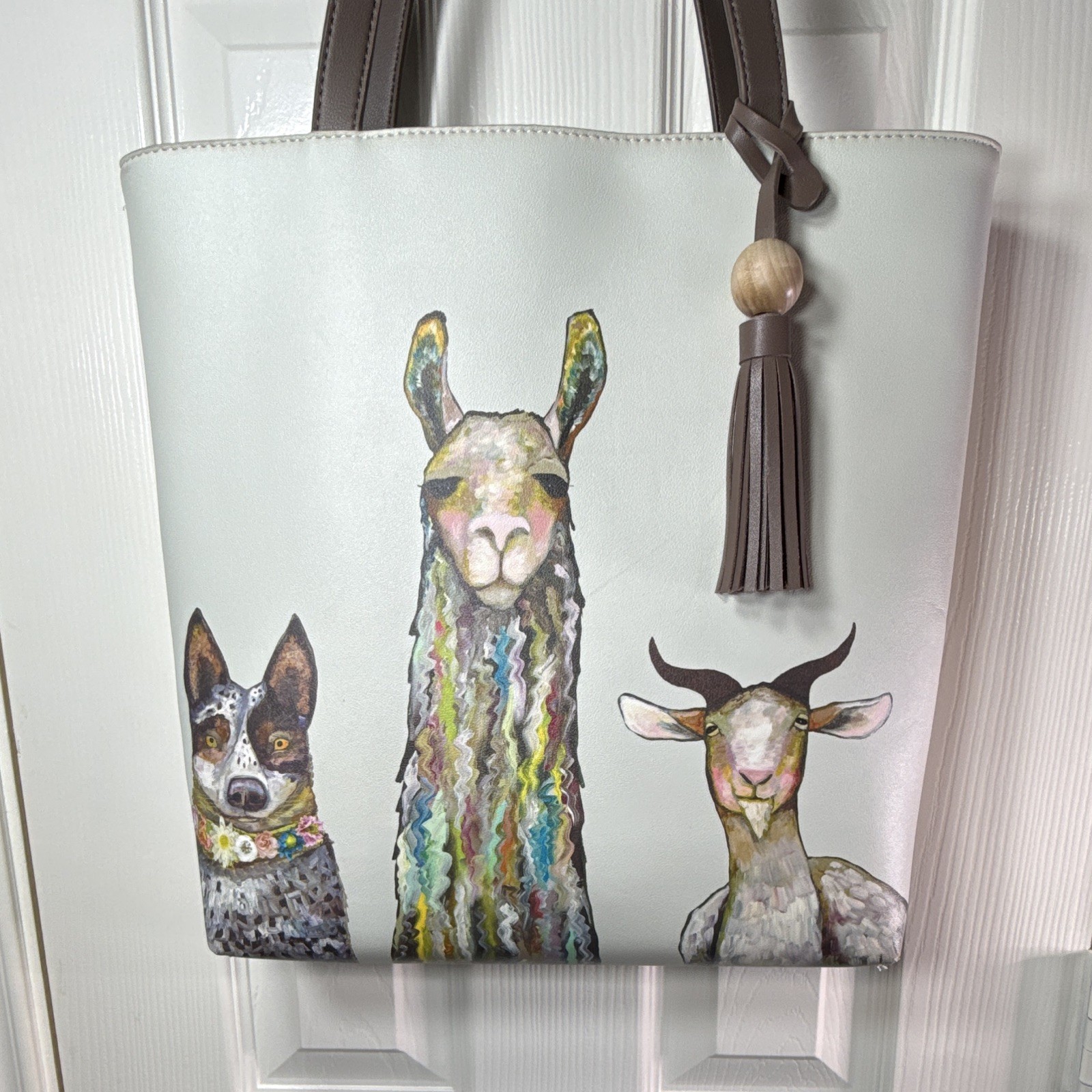 GREENBOX Animal Print Tote Bag Brown Double Handles, Zip/Magnetic, Pockets-as is