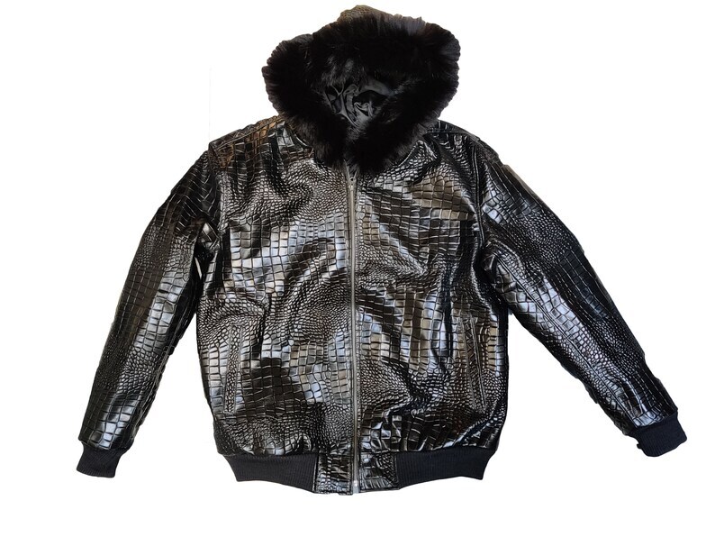 MEN’S BLACK CROCODILE EMBOSSED REAL LEATHER WITH FAUX FUR HOODIE BOMBER JACKET