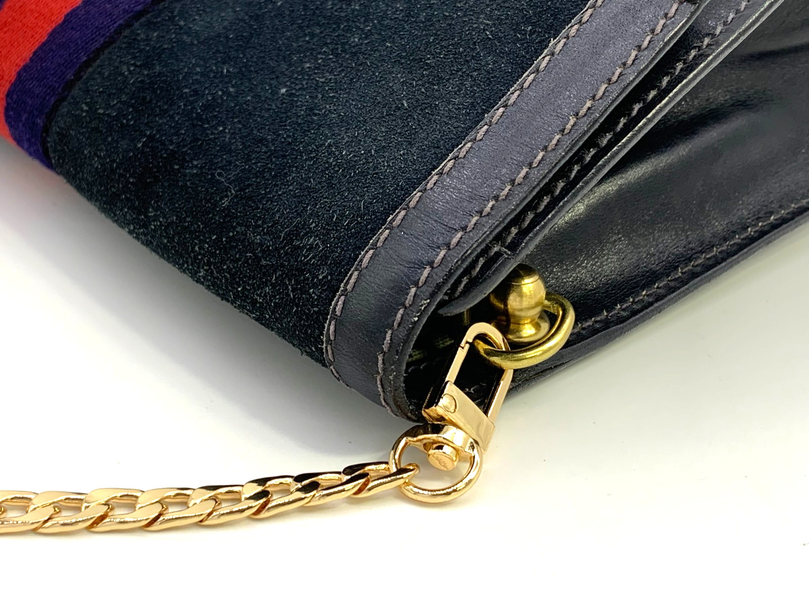 GUCCI VINTAGE Web Stripe Shoulder Bag Suede Leather Navy Classic Authentic
