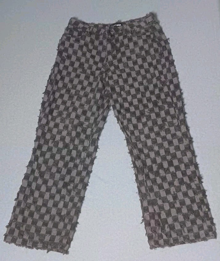 Fashion Nova From The Start Checkered Baggy Jeans Size 15 Distressed Grunge Y2K
