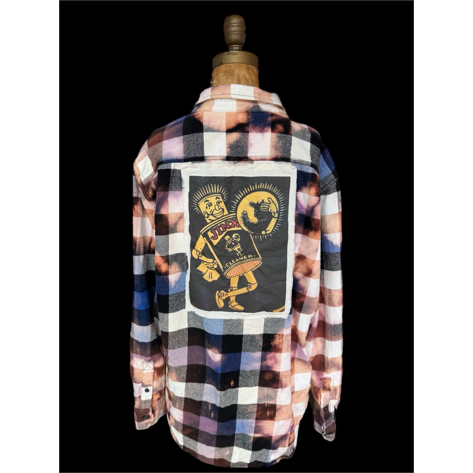 Distressed Upcycled Grunge Flannel Bleach Dye Jinx Patch Folk Art Shirt XL