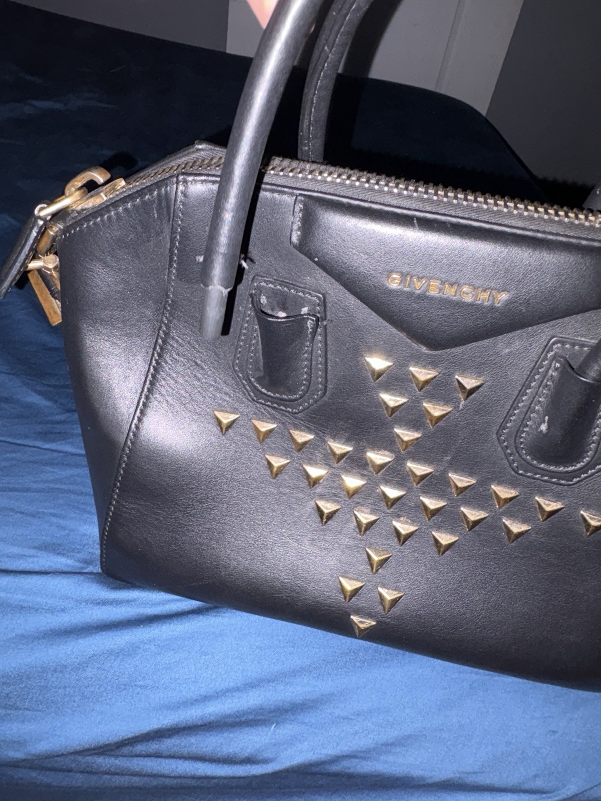 Givenchy Black Studded Medium Satchel Top Handle, Gold Hardware, Zip, Strap
