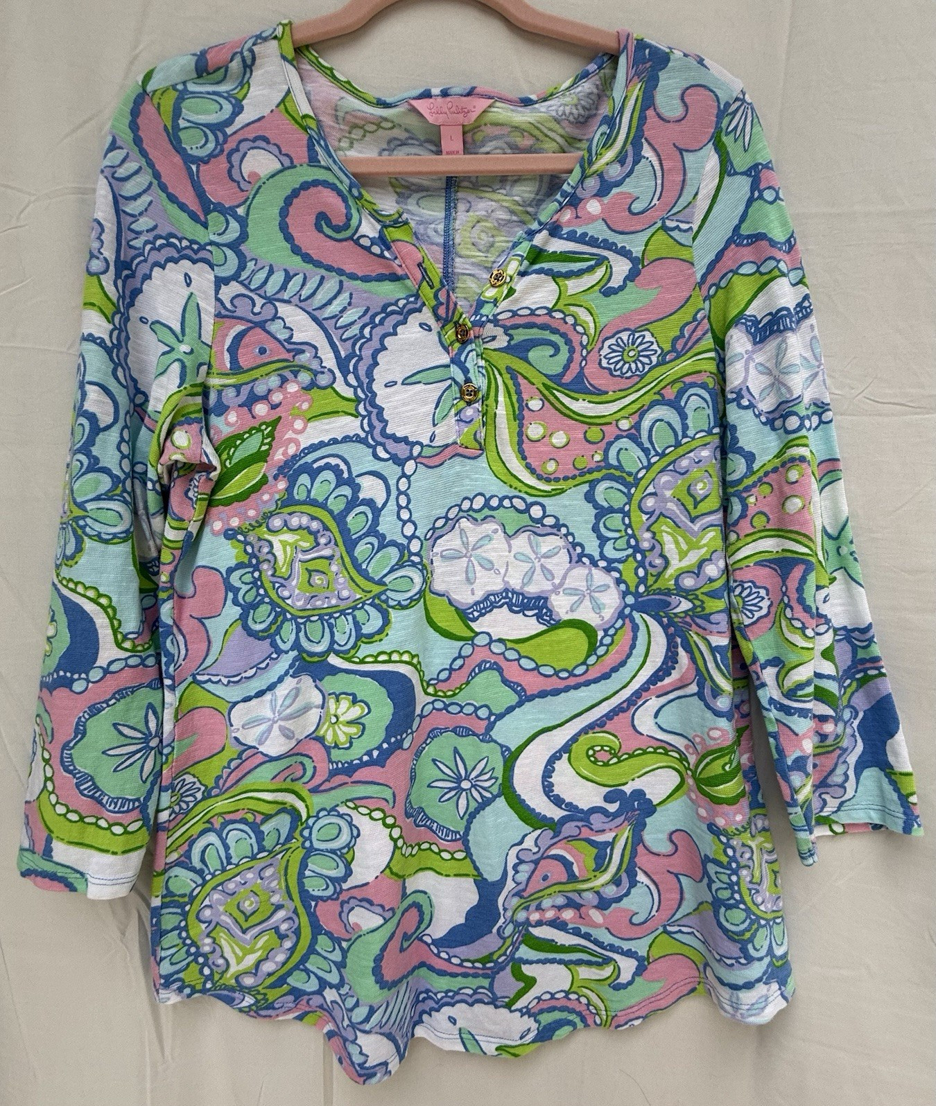 Lilly Pulitzer Kirby Tunic L Conch Republic EUC Pink Blue Cotton Top