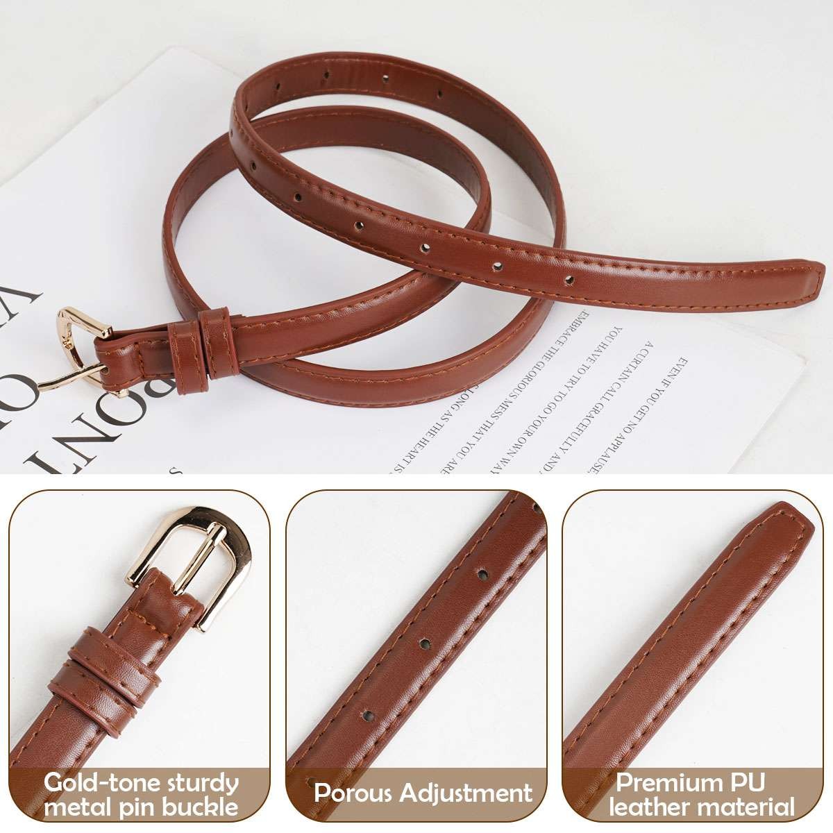 Women’s Leather Casual Dress Plain Solid Colors Belt Gold Buckle Ladies New
