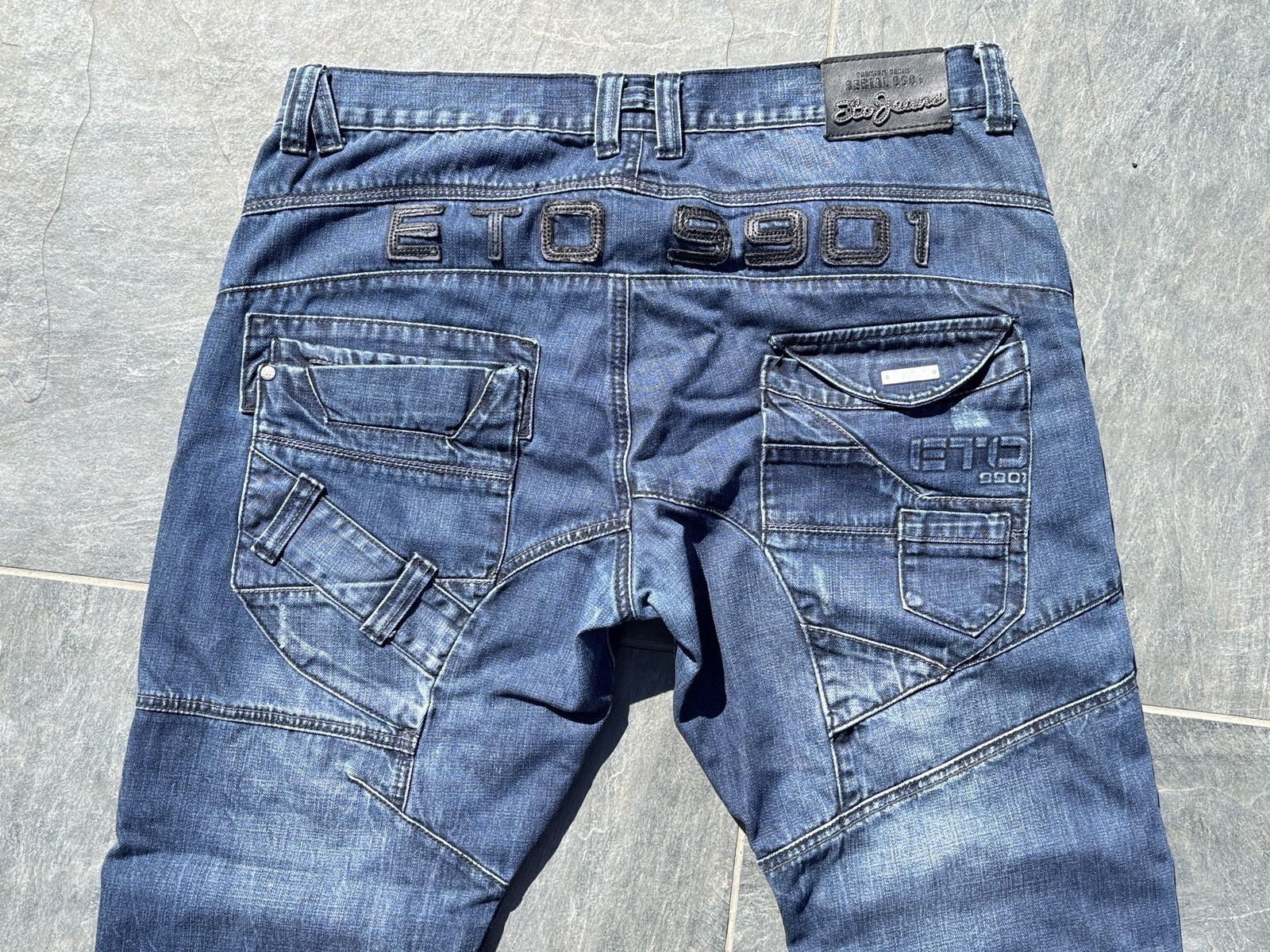 Retro ETO 9901 Mens Jeans 38L Blue Denim Streetwear Utility Cargo Distressed Y2K