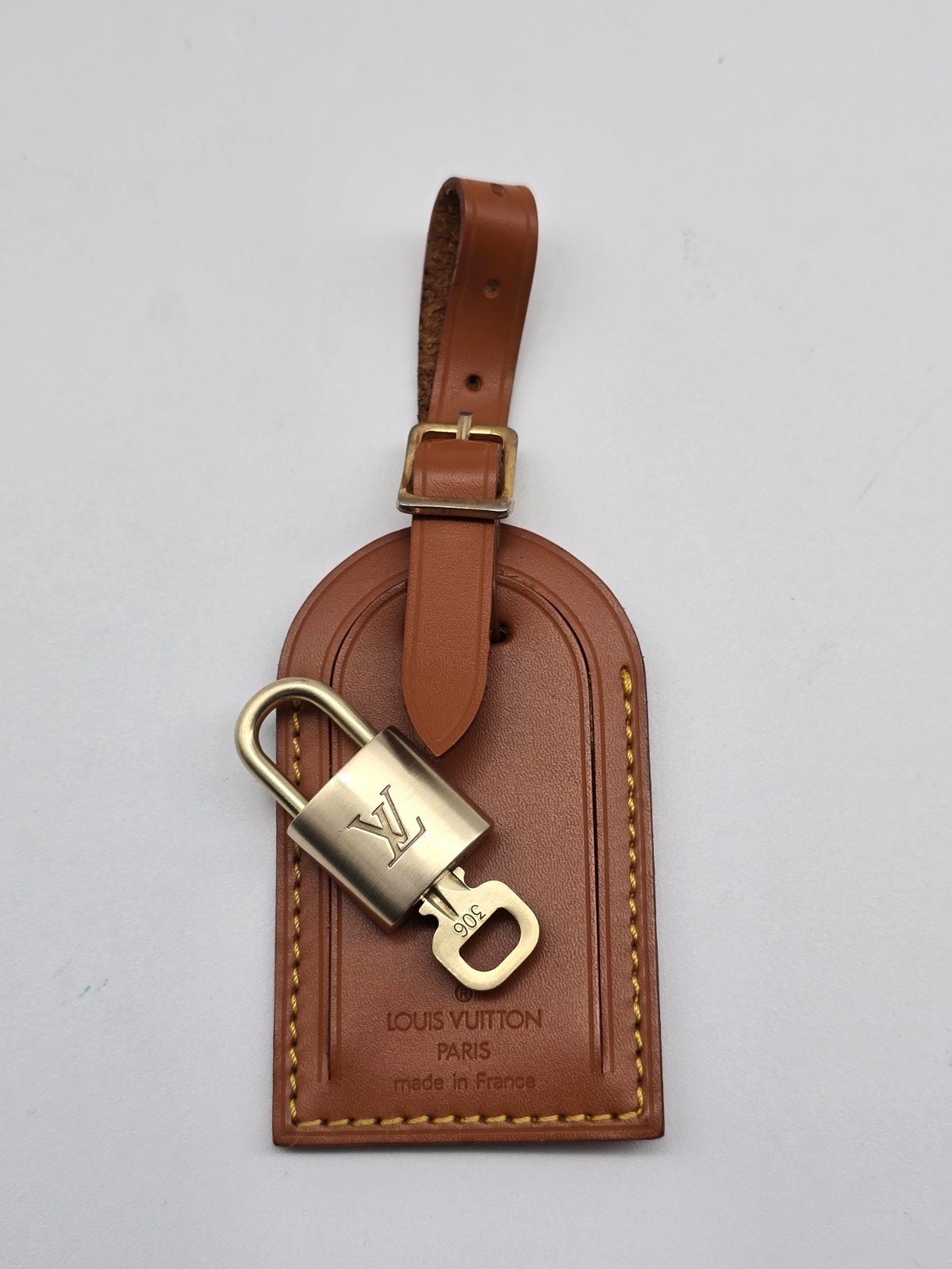 Authentic Louis Vuitton LV Large Brown Luggage Tag Gold Padlock Key w/ Box