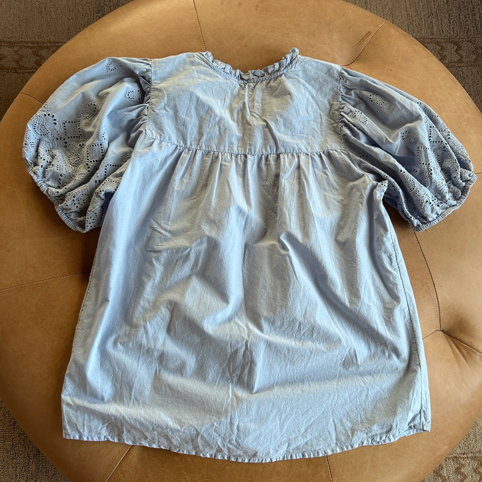 Cotton Eyelet Prairie Peasant Top Puff Sleeve Blue Romantic Cottagecore Blouse M