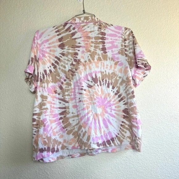 Lands End Comfort Knit Pajama Set Short Sleeve Top Shorts Pocket Pink tie dye 1X