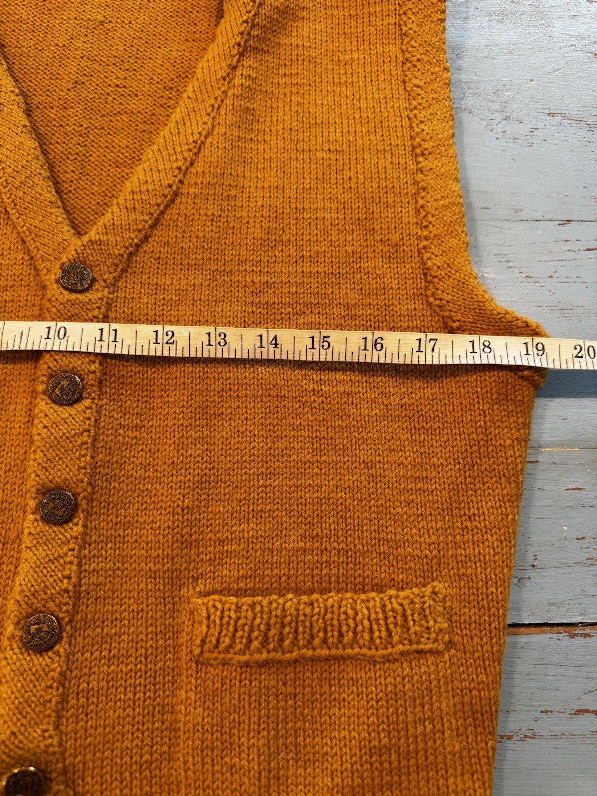 VTG 70s Hand Knit Sweater Orange Vest Gold Buttons Preppy Granny Pockets Medium