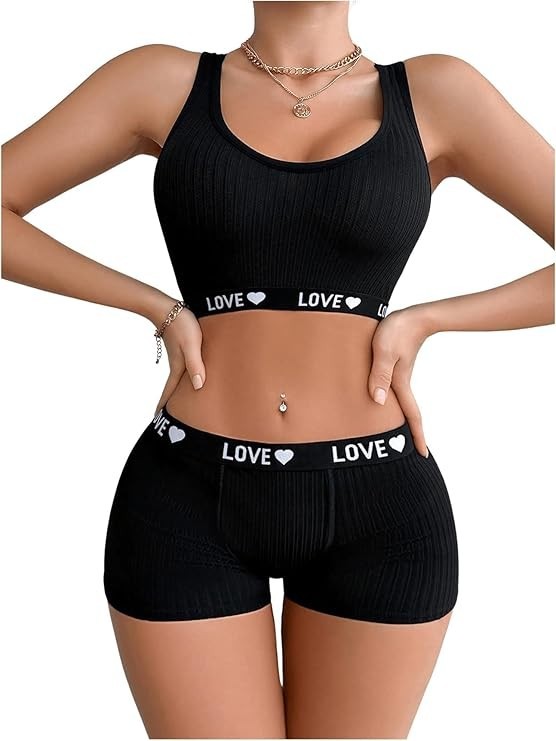 Women’s 2 Piece Letter Print Lingerie Set with Scoop Neck Sports Bra & Boyshorts