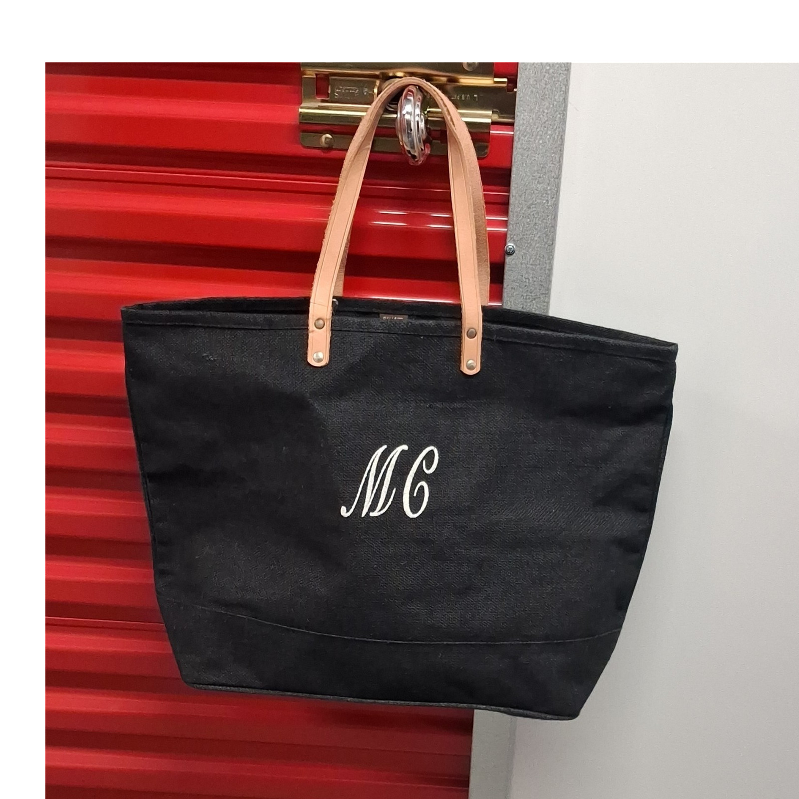 Black Tote Bag Tan Double Handles Monogram Hot Stamped Initials Zip Women