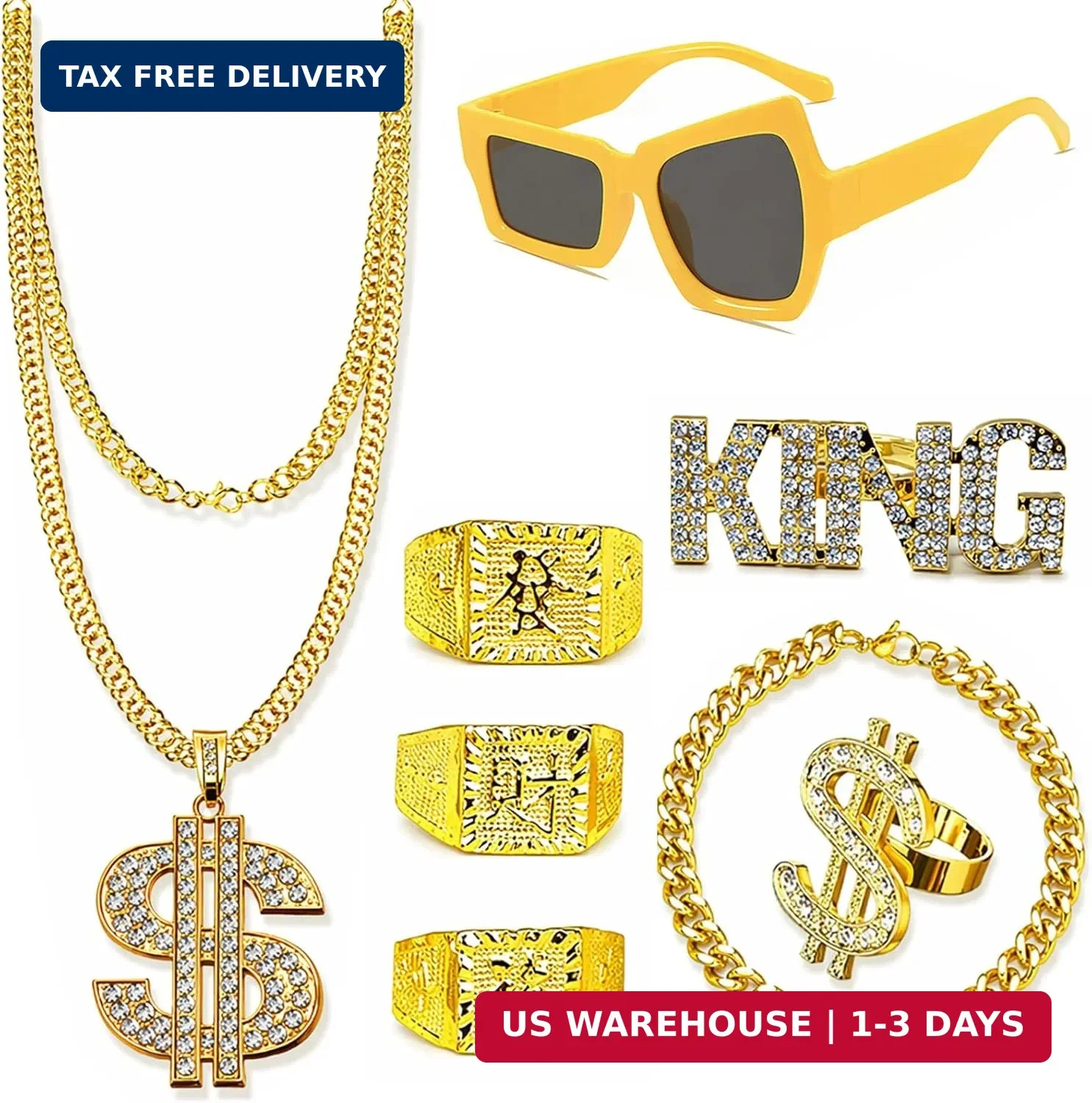 ZhengYuFa 8 Pieces 90s 20s Rapper Accessories Fake Gold Chain，Dollar Ring Neckla