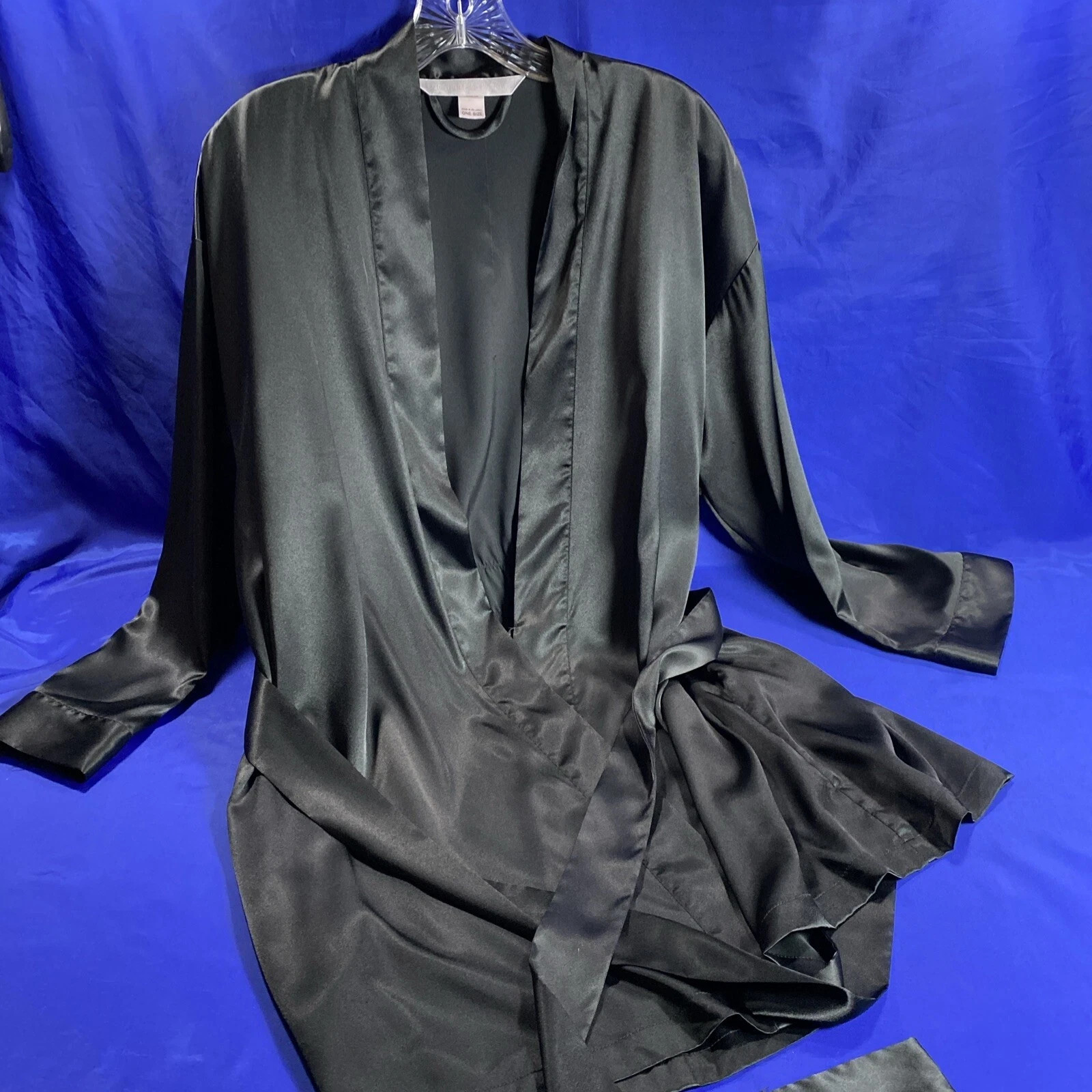Victoria’s Secret Y2K Black Satin Kimono Robe One Size Pockets Pink Label Goth