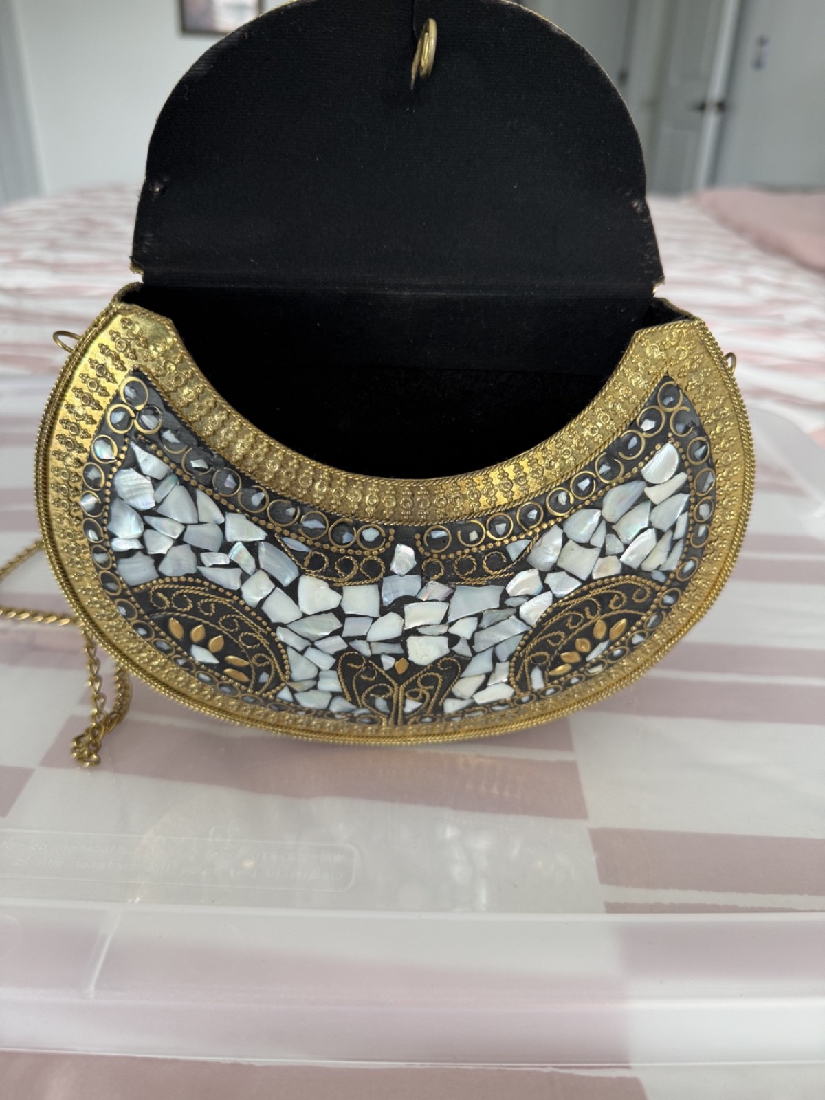 Vintage Mosaic Clutch Bag | Gold Black Pearl Shell Evening Purse Crossbody