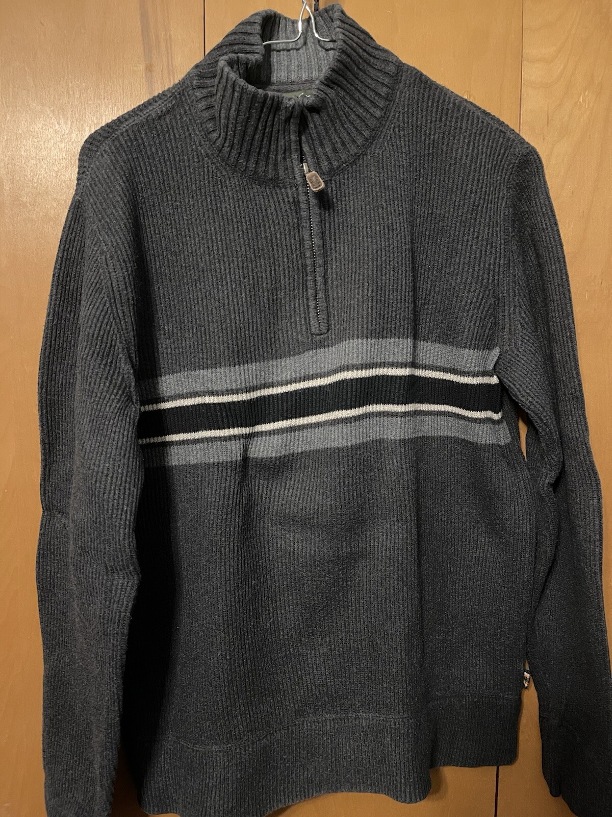 EDDIE BAUER SIGNATURE COTTON QUARTER ZIP MEN CHARCOAL CHEST STRIPE SWEATER SMALL