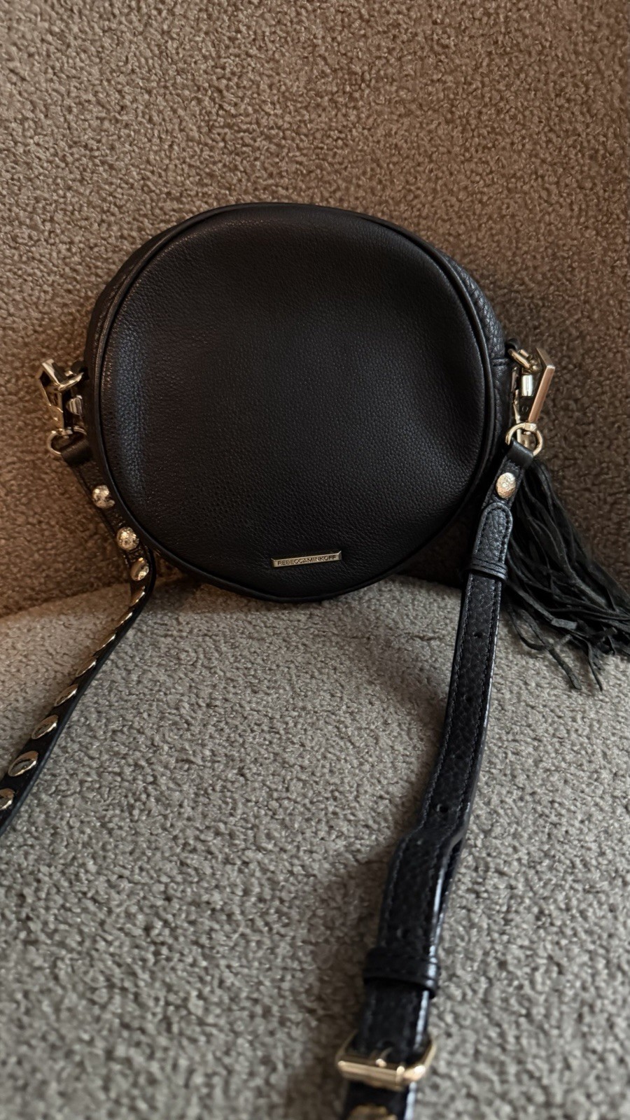 Rebecca Minkoff Black Round Studded Crossbody Bag Tassel Zip Gold Hardware