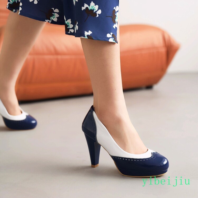 Women’s Fashion High Heel Dress Pumps Two Tone Colorblock Leather Shoes Wing Tip