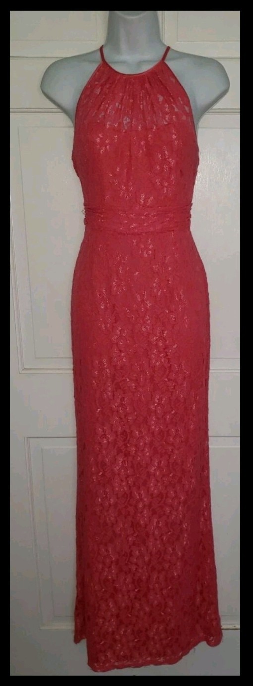 Adrianna Papell ~Coral Pink Illusion Lace Halter Sheath Formal Gown 12 NEW $189