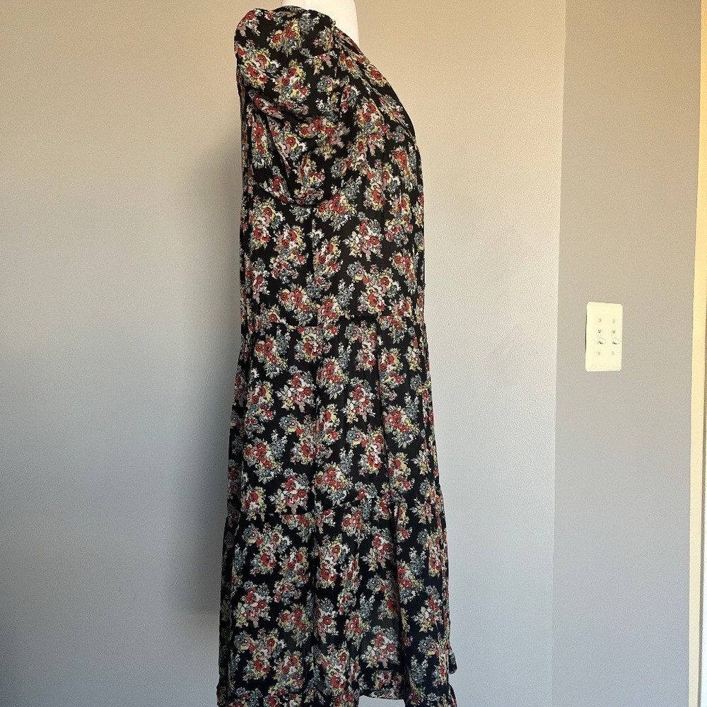 Sandro Floral Summer Ruched Puffed Sleeve V-neck A-line Cocktail Dress Medium