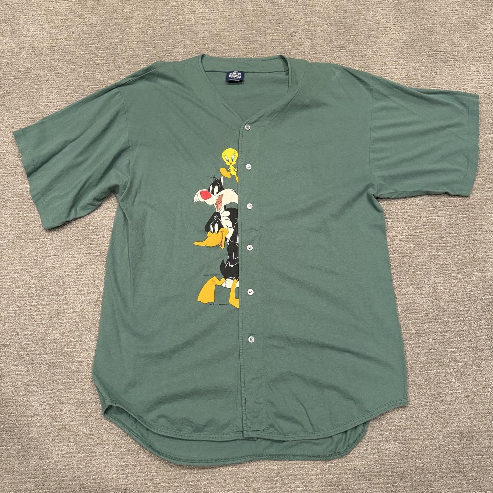 Vintage Looney Tunes Shirt Mens XL Green Baseball Tweety Sylvester Daffy 90s USA