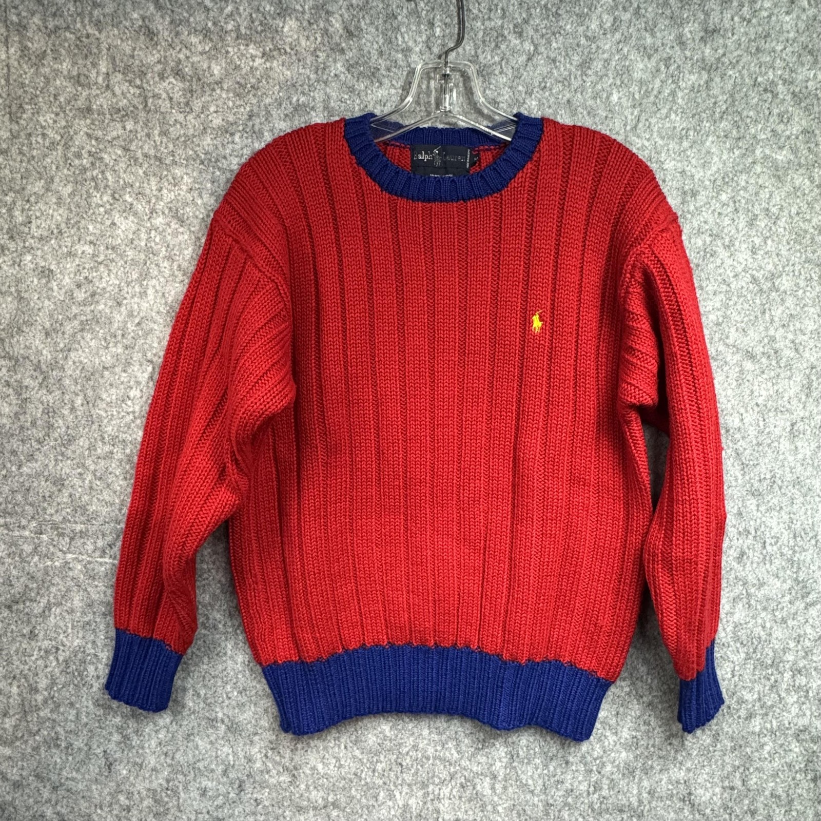 Vintage Ralph Lauren Sweater Mens Medium Red Blue Wool Chunky Knit Crewneck 90s