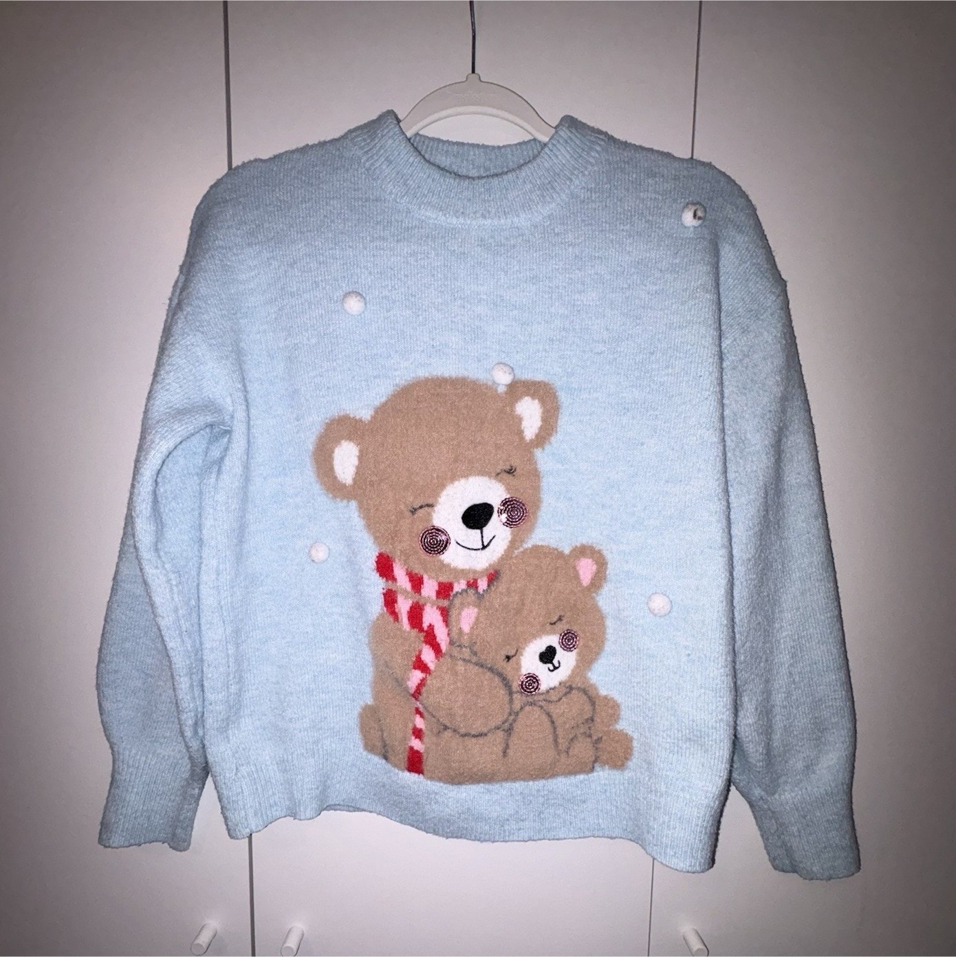 Primark Cares Girls Blue Bear Graphic Crewneck Knit Sweater Long Sleeve S
