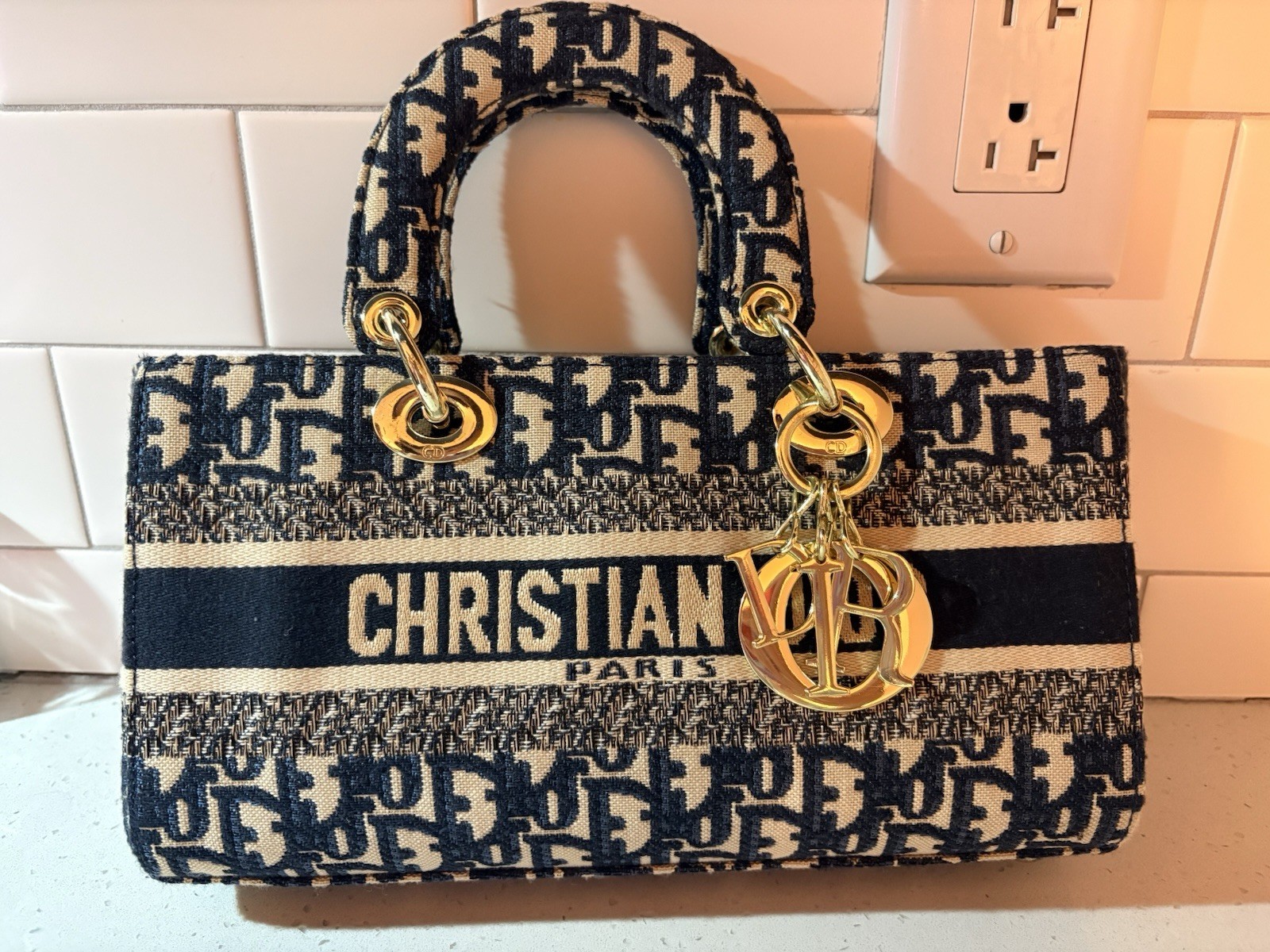 Dior Blue Beige Monogram Jacquard Top Handle Bag Gold Hardware CD Charm