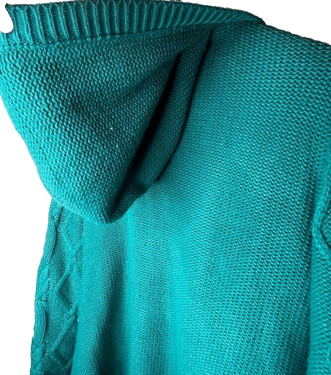 Hooded Cardigan Button Up Cable Knit Sweater Coat size Small Turquoise Sharpa