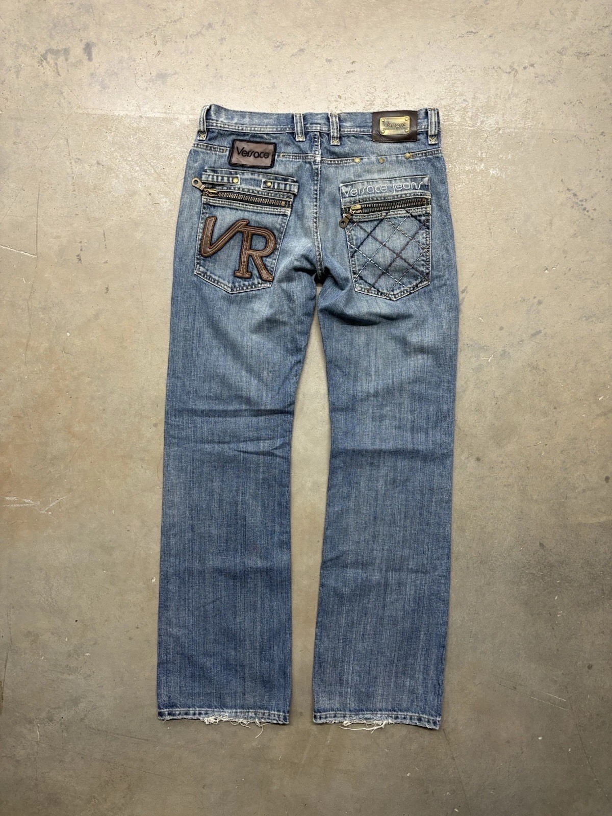 VTG 90s Versace Denim Jeans VR Leather Patch Quilted Zip Pockets 33×34