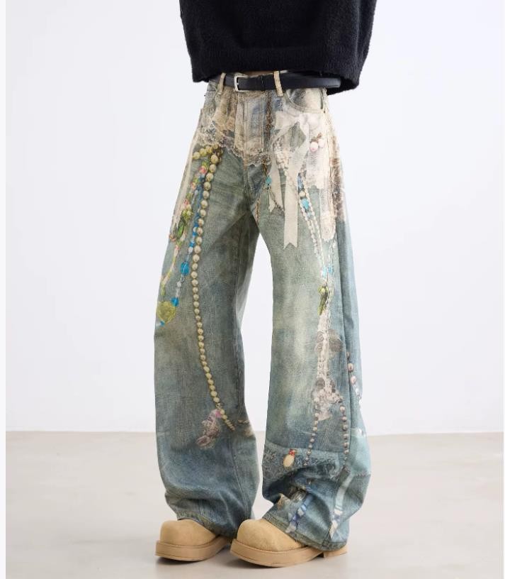 Men’s Retro Blue Denim Straight Leg Printed Jeans Punk Hip Hop Casual Trousers