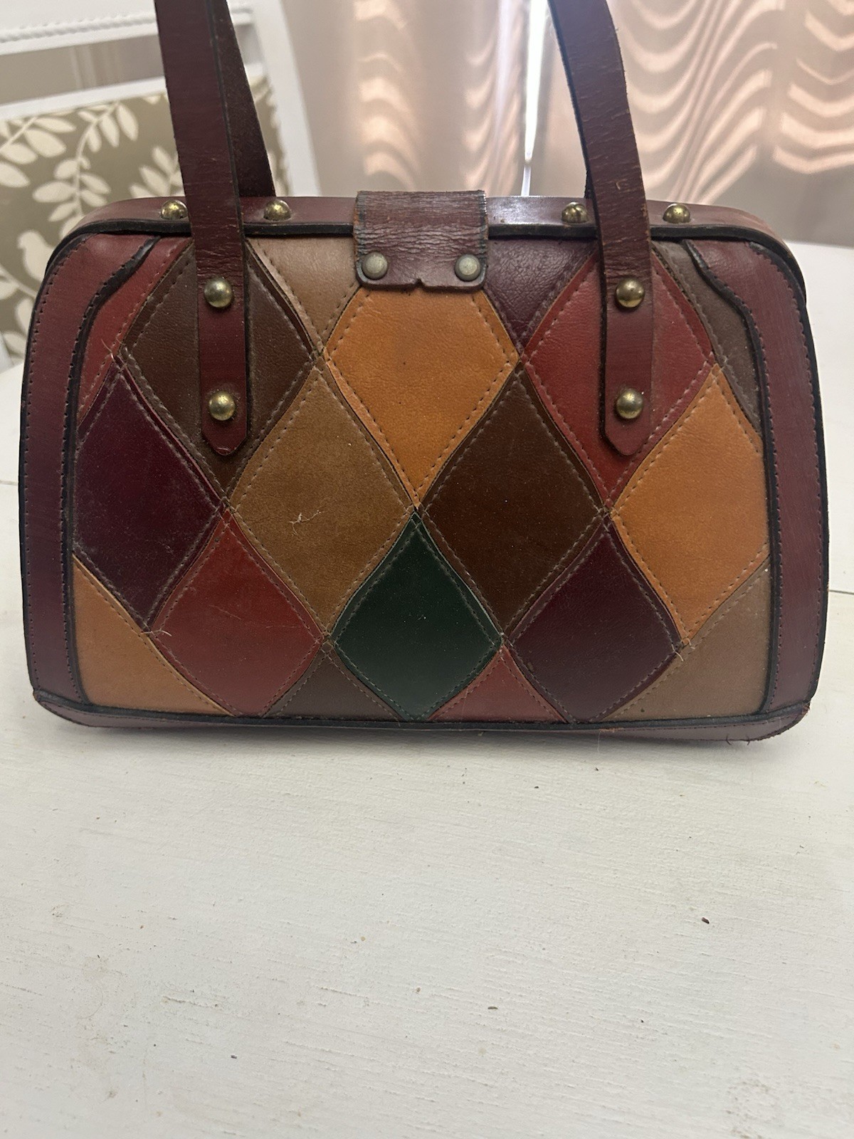 Burlington 1970s Vintage Patchwork Leather Handbag Brown Burgundy Tan Green