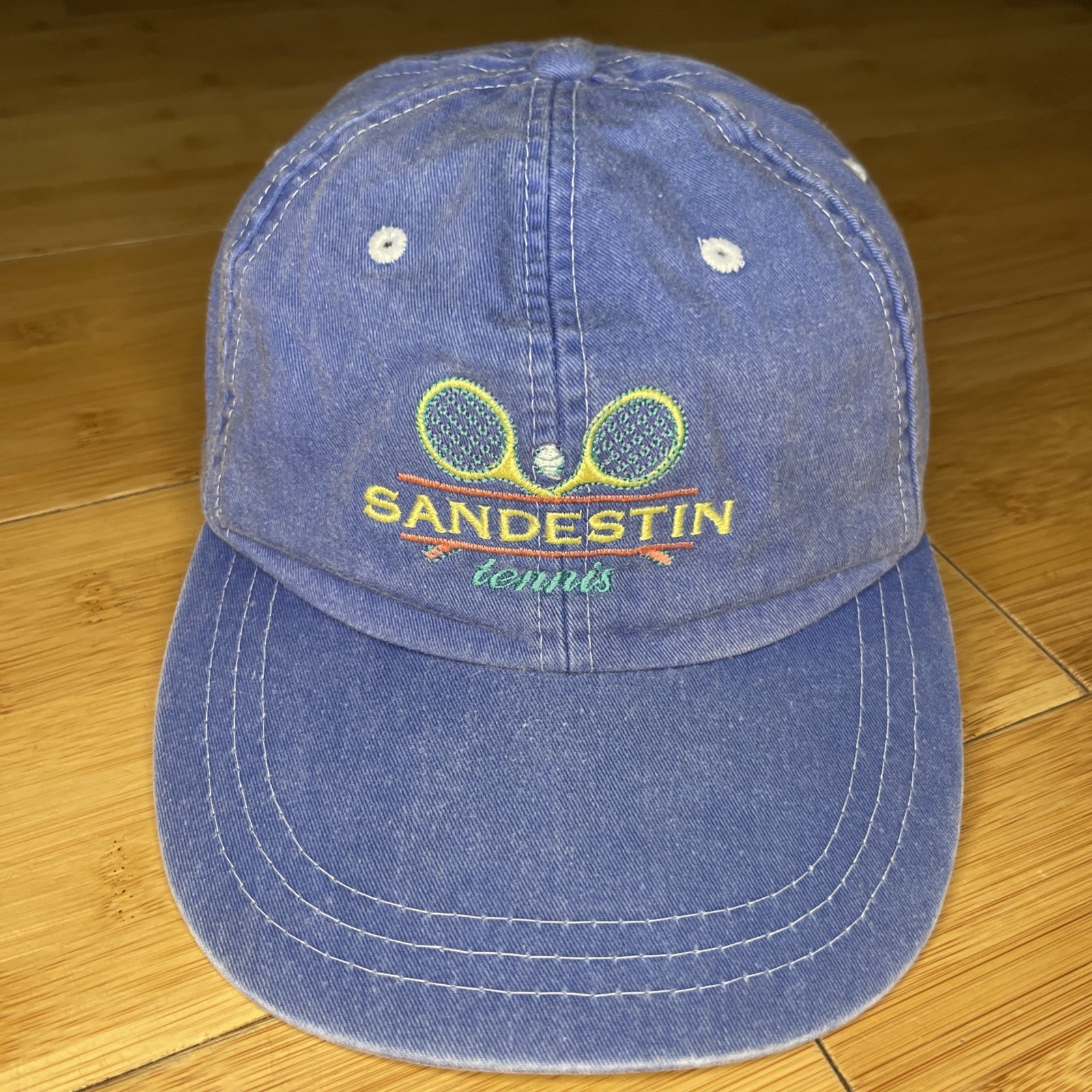 Vintage OARSMAN 913 Sandestin Tennis Blue Wash Retro 90s Strapback Hat Wide Brim