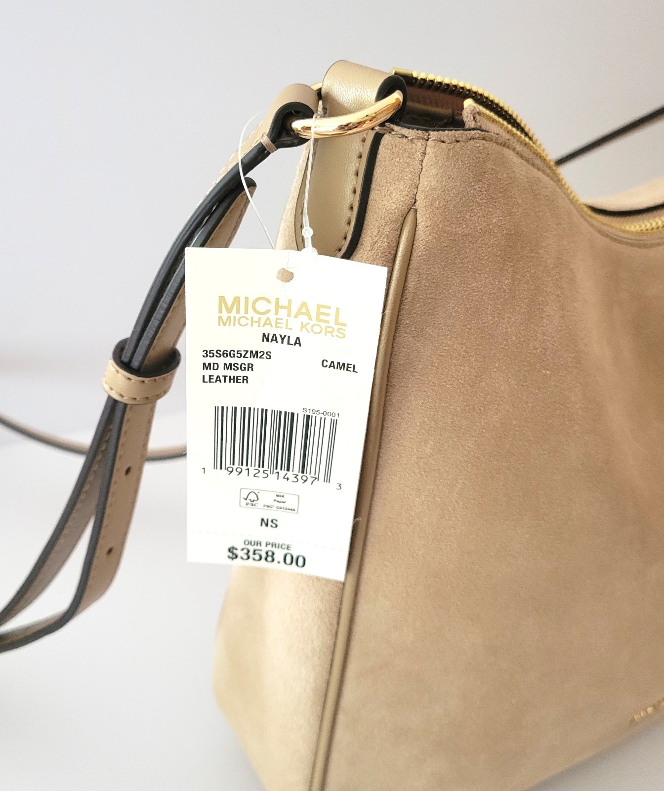 Michael Kors Nayla Medium Messenger Crossbody Handbag Camel Suede Leather