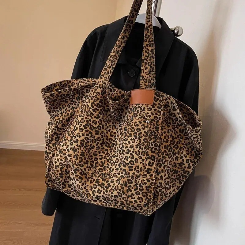 Vinatge Leopard Print Tote Bag Womens Large Canvas Shoulder Handbag Work Casual