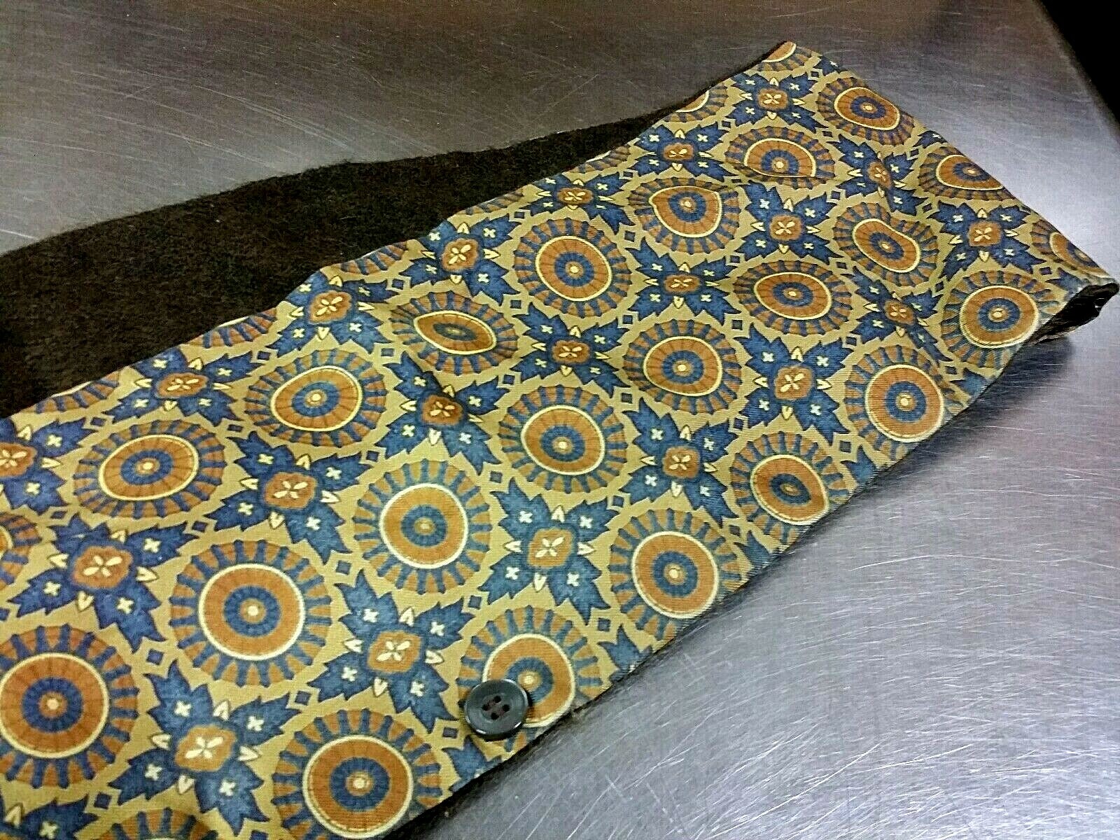 Vintage Reversible Scarf with Buttons, 100% Zephyr Wool & Silk, Brown Blue Tan