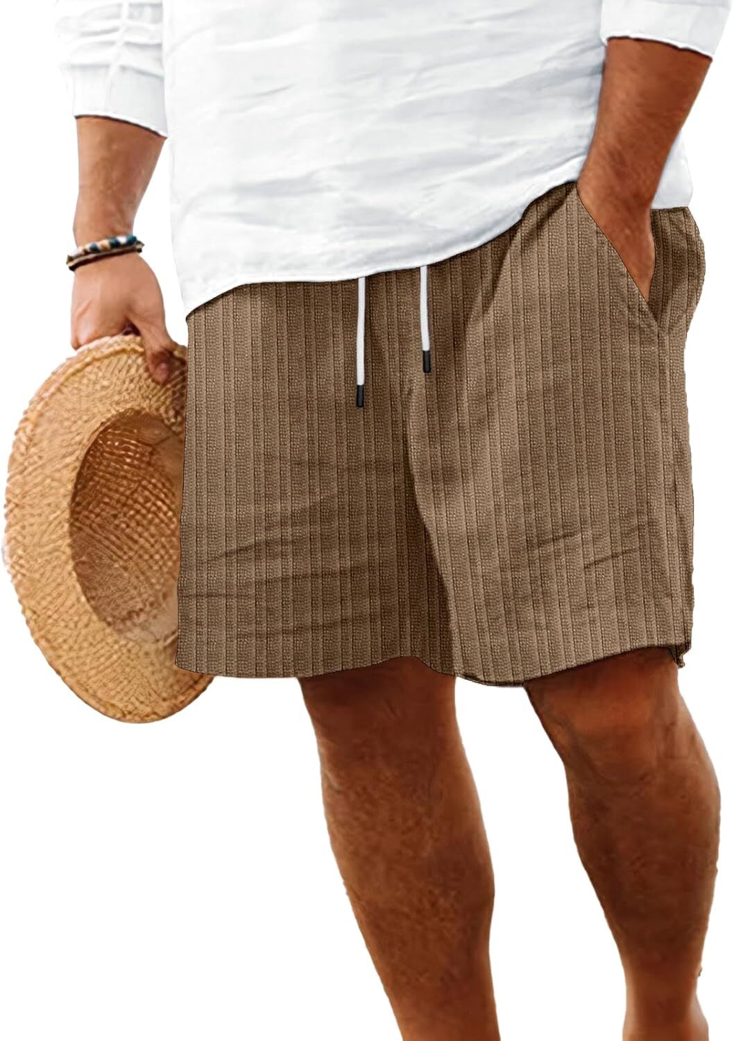 Men’s Linen Shorts Flat Front Elastic Waist Drawstring Casual Summer Beachwear