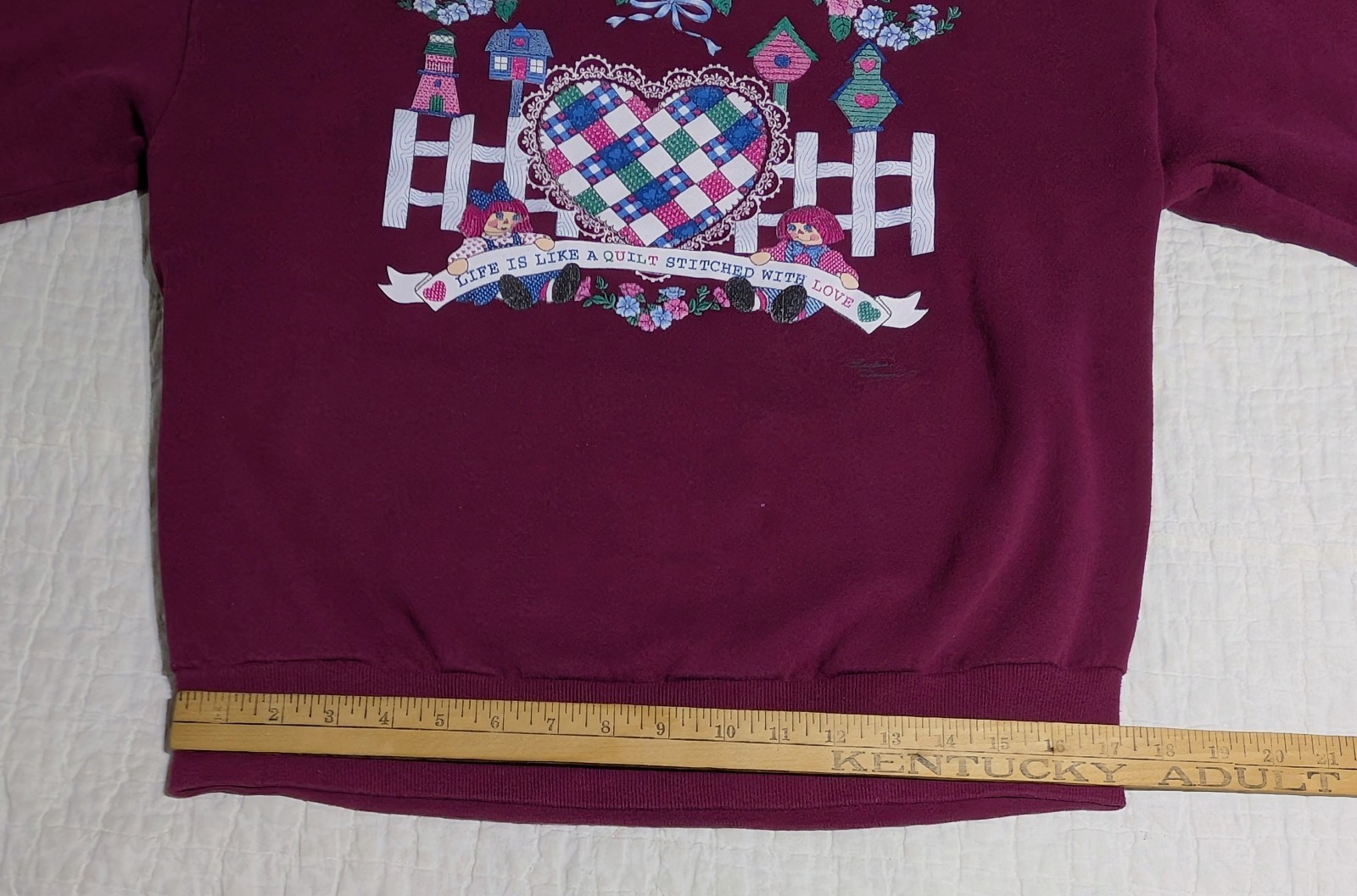 Vintage Sweatshirt Endless Designs Sz Large Quilt Heart Love Bird House Plum