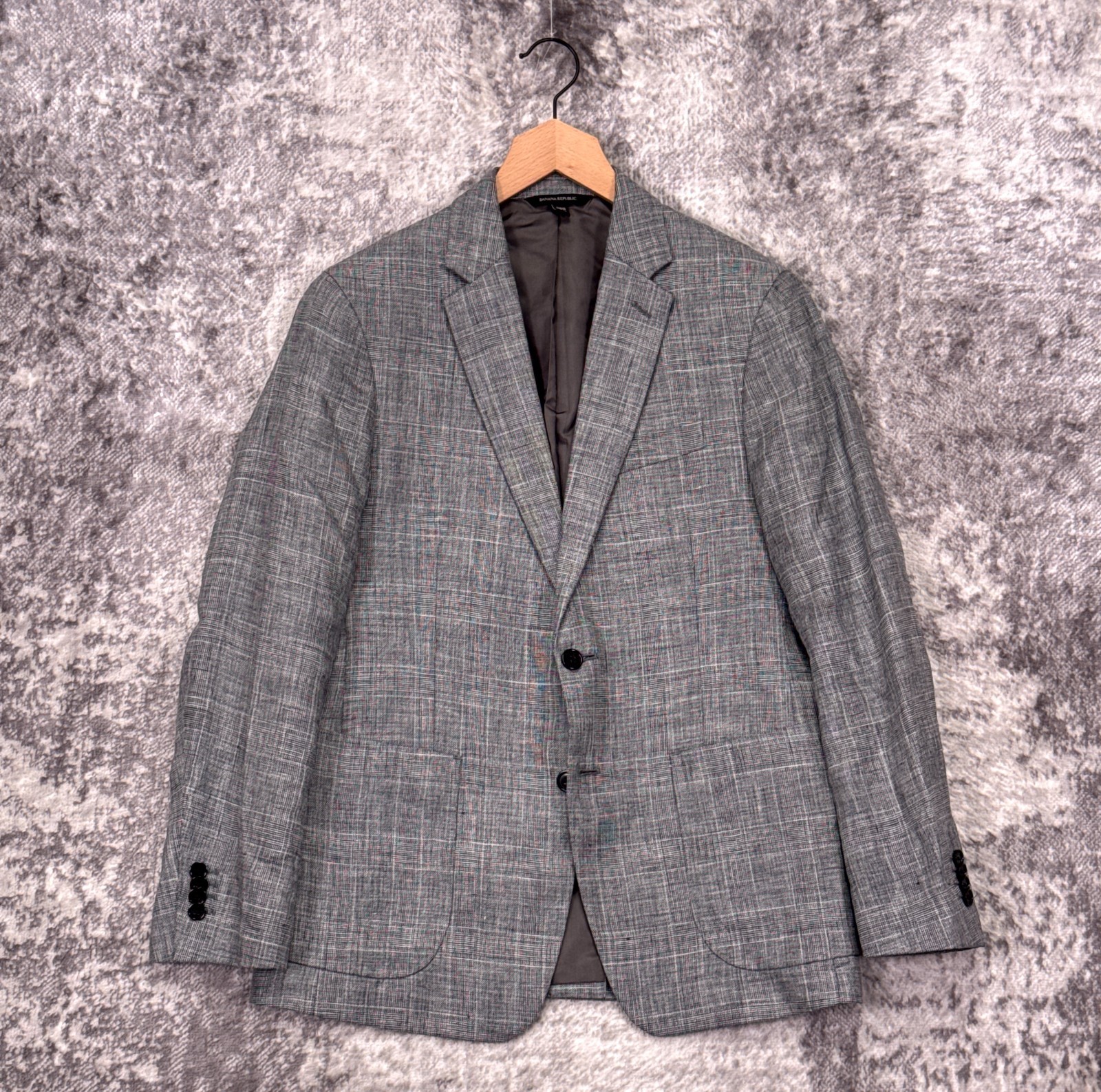 New Banana Republic Blazer 38 Short Mens Gray Check 100% Linen Slim Fit Jacket