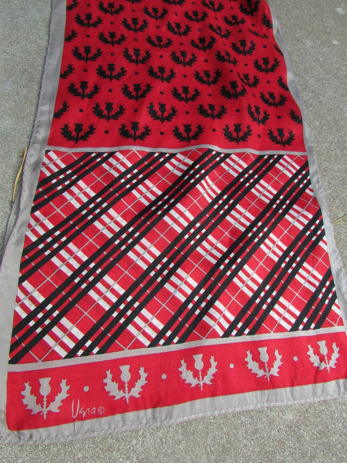 Vintage VERA Gray Red Black Plaid Rectangle 100% Silk Fashion Scarf 10″ x 52″