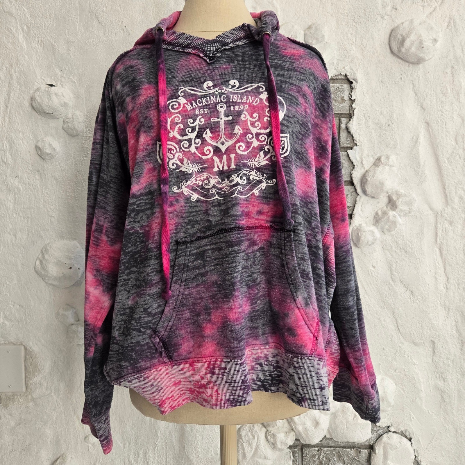 MV Sport Mackinac Island Michigan Tie Dye Hoodie Pink Grey XXL Anchor Graphic