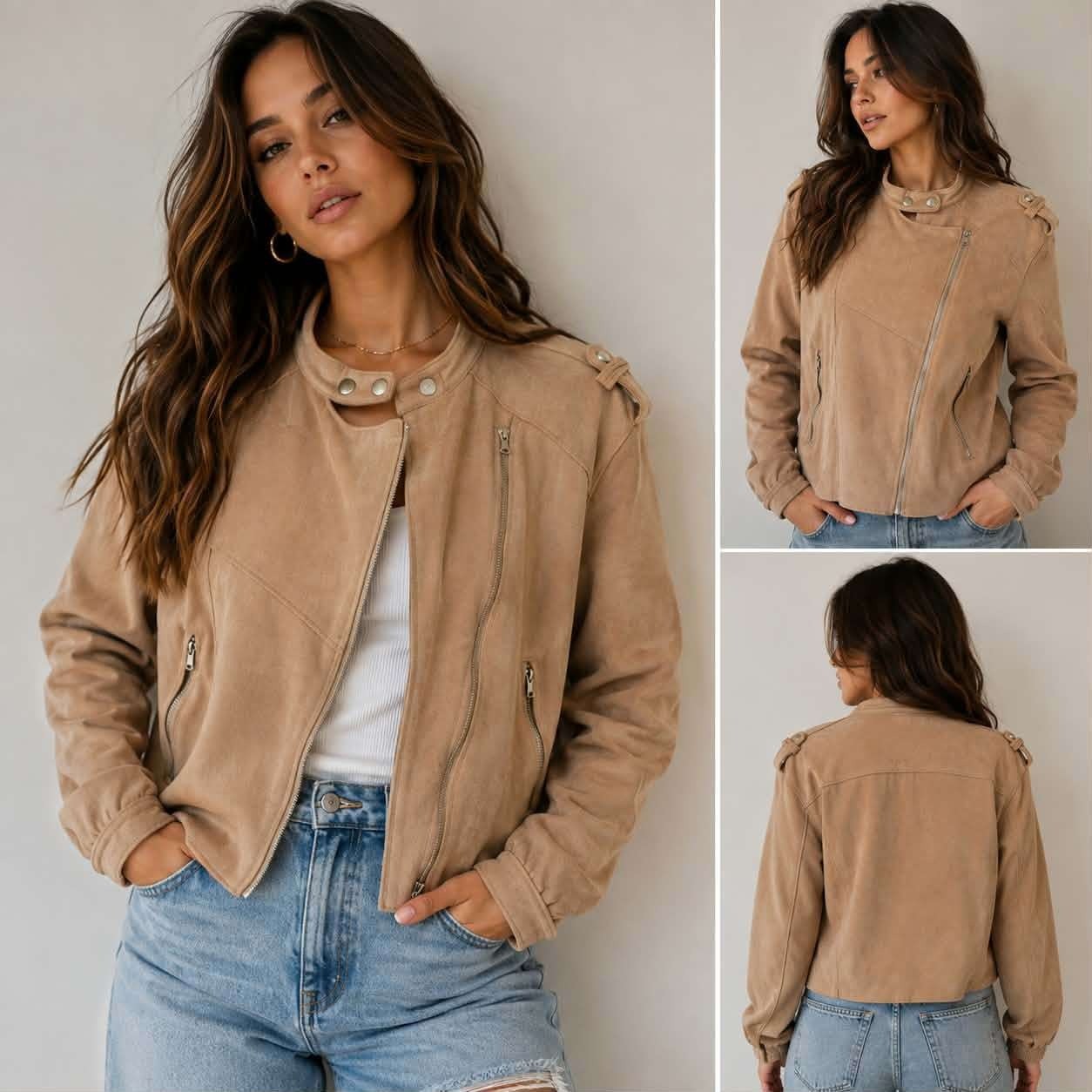 BlankNYC Faux Suede Moto Jacket Large Tan Beige Asymmetrical Zip Biker
