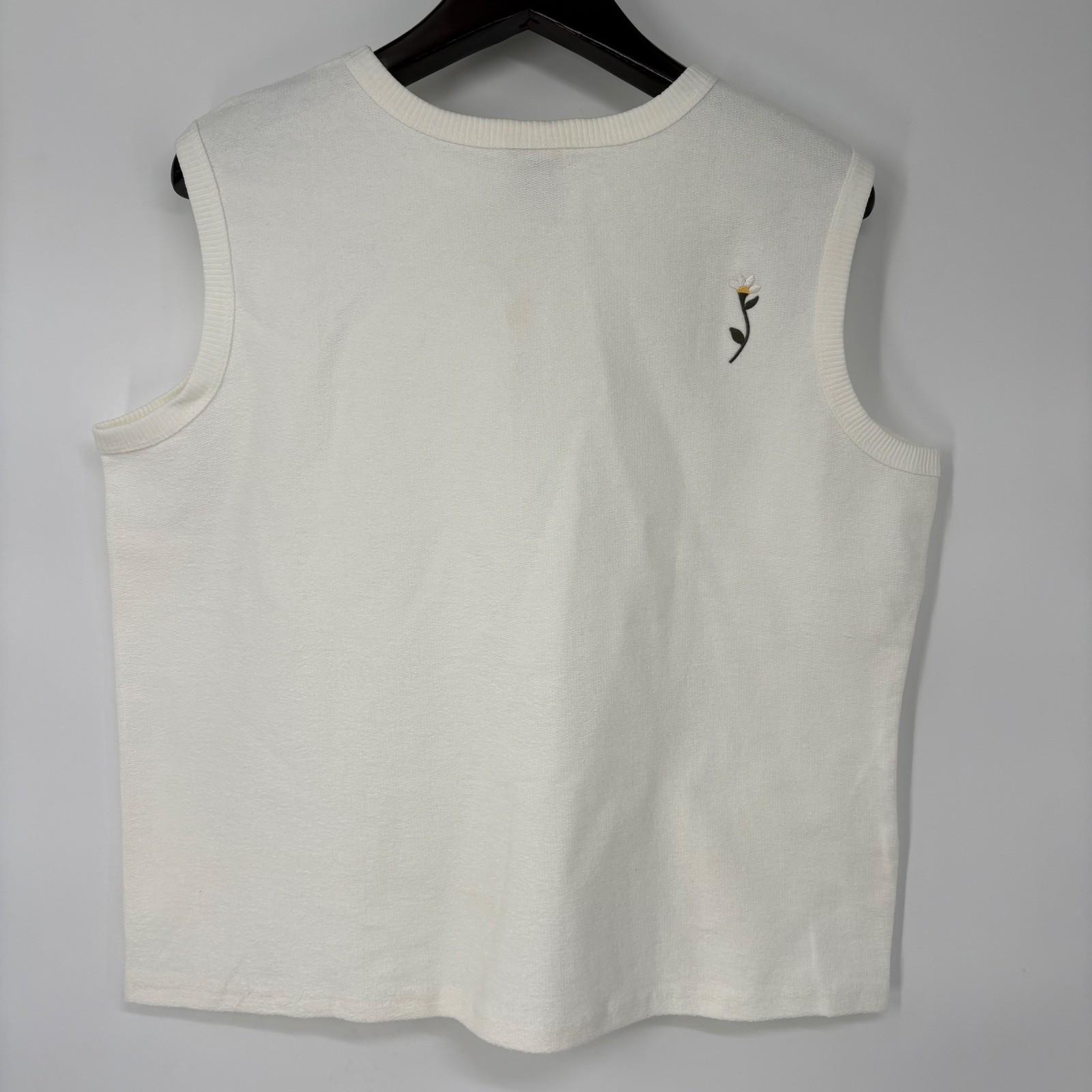 Vintage Cal Cru Off White Daisy Embroidered Slub Cotton Knit Top XL Made in USA