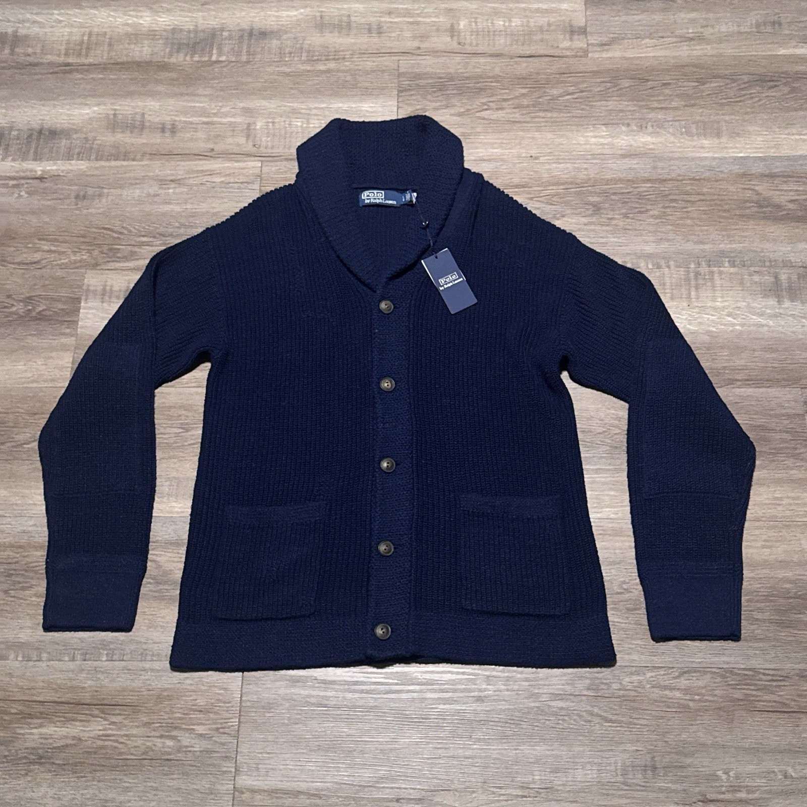 NEW Polo Ralph Lauren Men’s Large Navy Distressed Linen Cotton Shawl Cardigan L