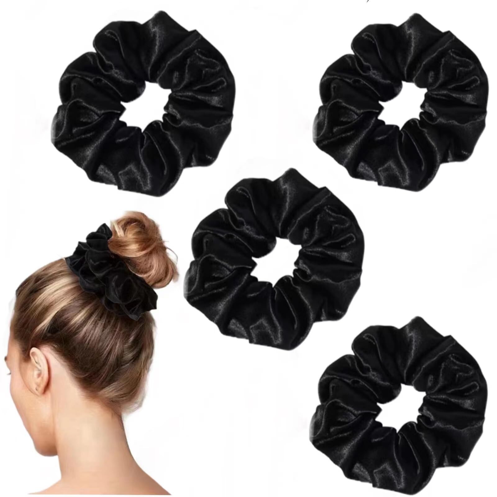 4PCS Black Satin Silk Scrunchies for Women, 6.3Inches Extra Large Hair Scrunc…