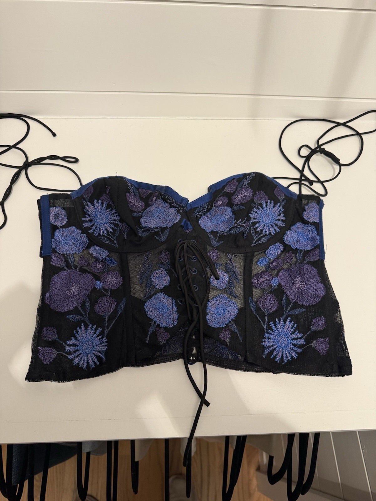 For Love & Lemons Kaylee Corset Bustier XS Black/Blue Floral Lace-Up Boned