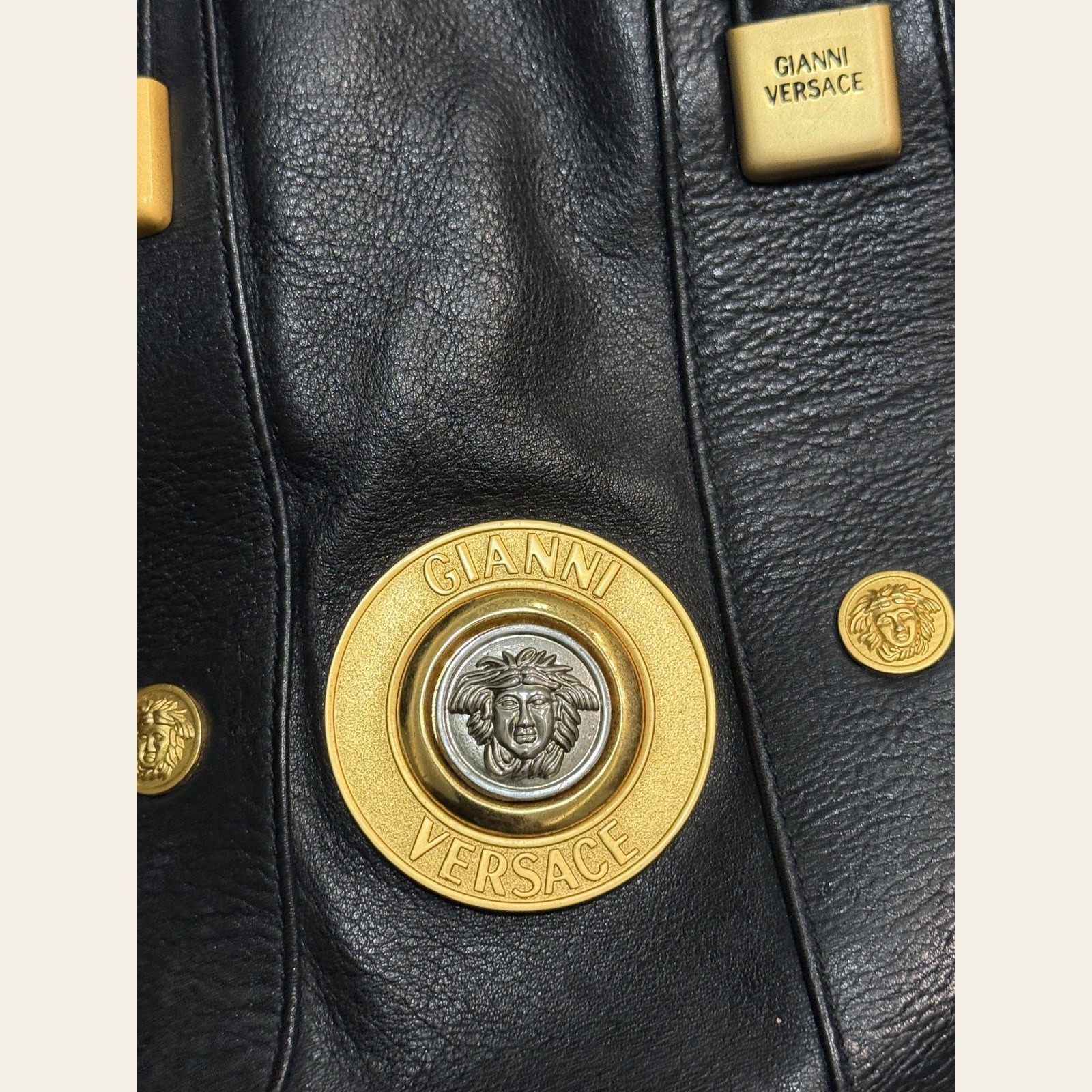 Gianni Versace Medusa Leather Drawstring Bucket Bag Black Vintage 1990s Auth
